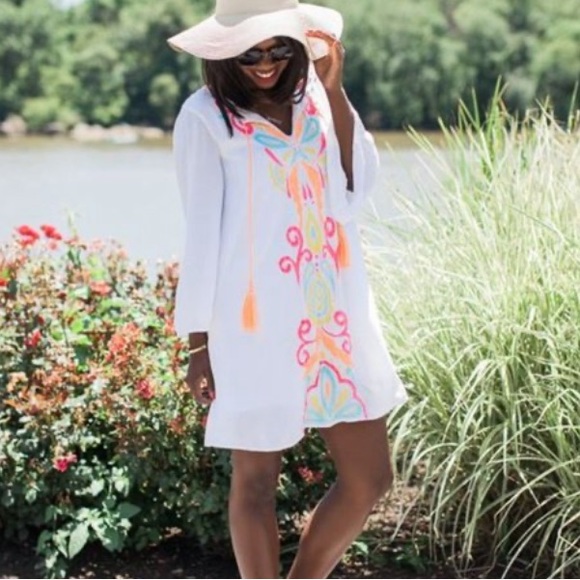 Lilly Pulitzer Ellie Tunic Dress Resort Embroidered Tassels White Neon - Picture 4 of 16